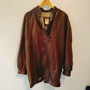 Vintage Brown Leather Cocoon Long Jacket M Lotus